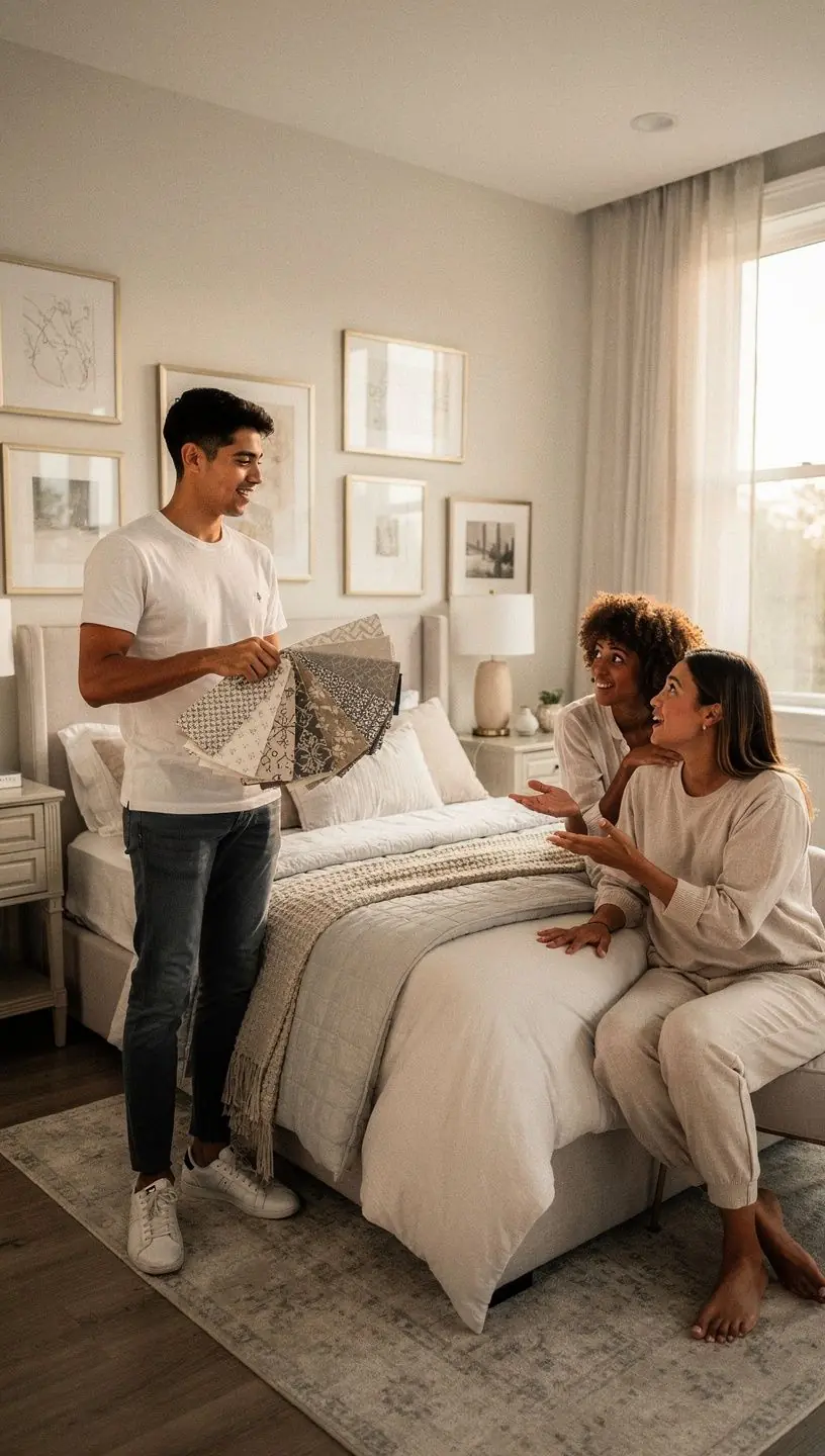 Łazienka z eleganckimi kafelkami, nowoczesną wanną i dużym lustrem.