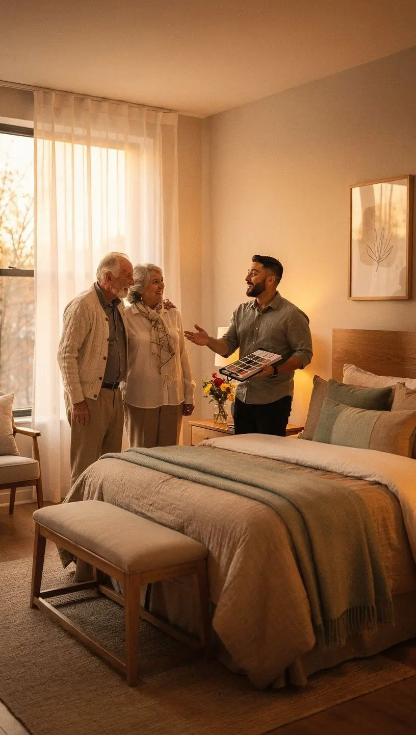 Stylowa sypialnia z dużym łóżkiem i przytulnym oświetleniem.